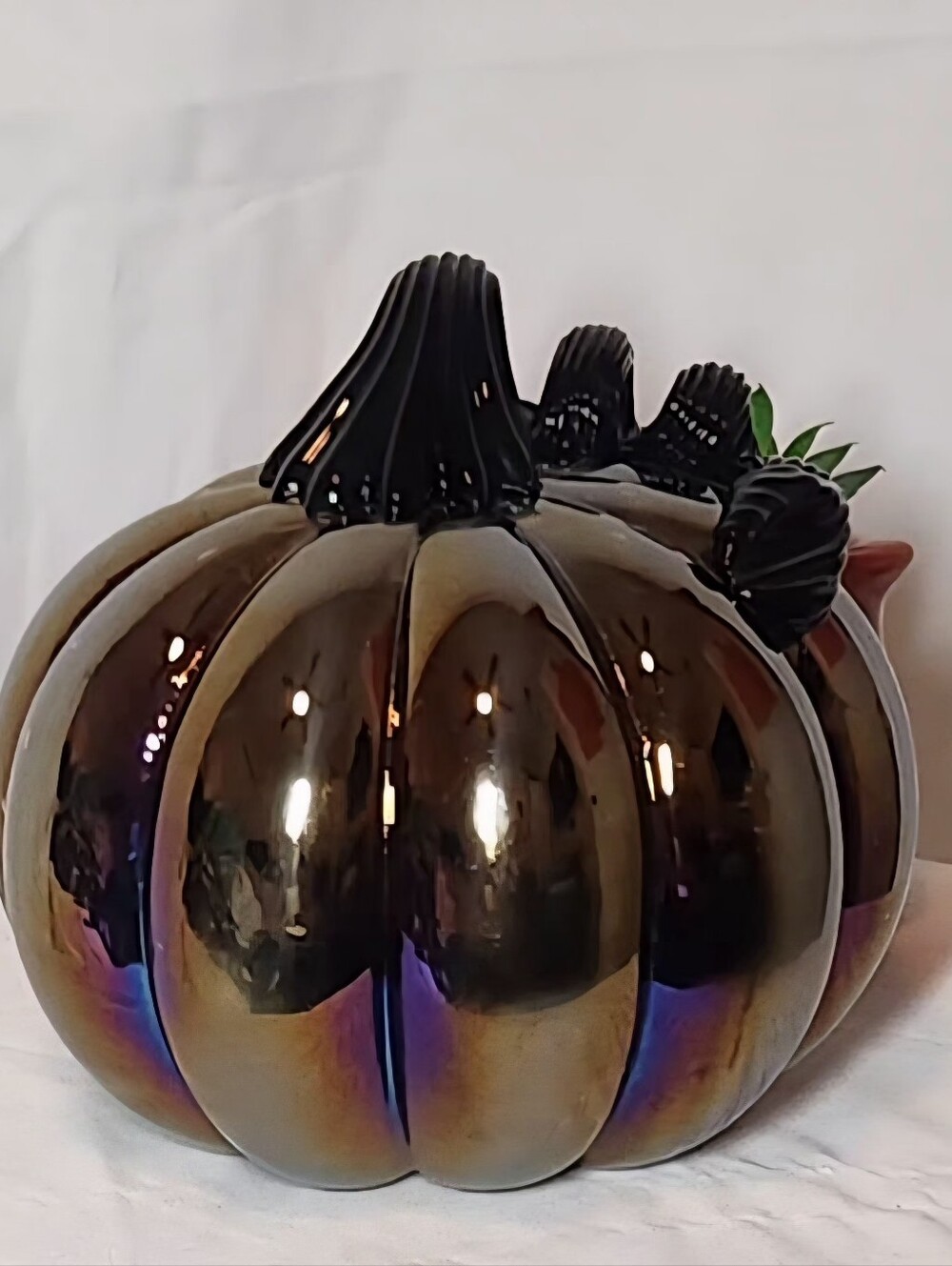 Oil Slick Iridescent Pumpkin Black Glass Stems 6.5" Wide Halloween Fall Decor